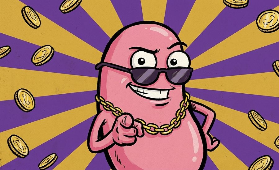 The $KIDNEY mascot pointing straight at the viewer