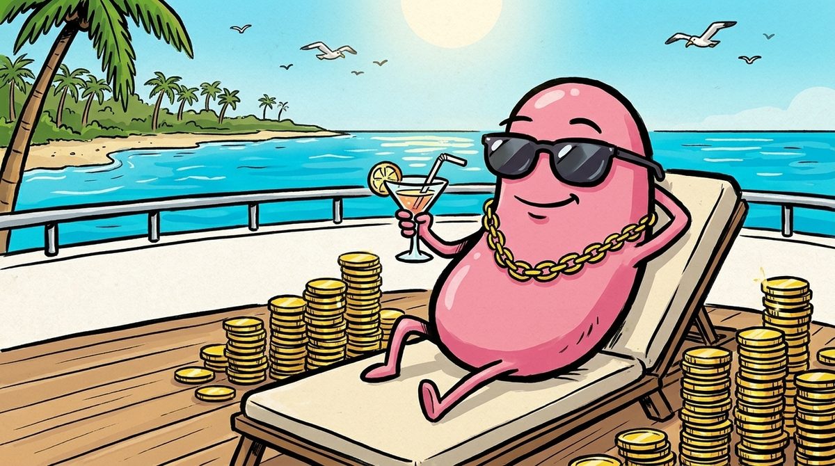 The $KIDNEY mascot relaxing on a luxury yacht surrounded by gold coins