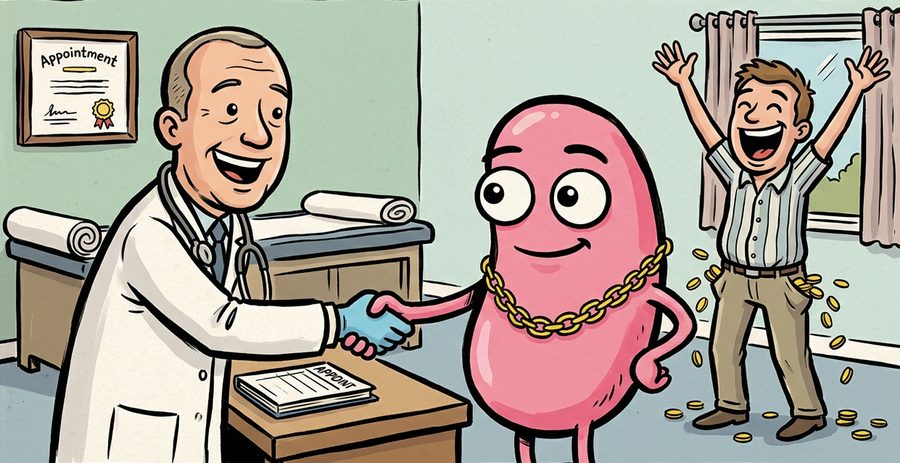 A doctor shaking hands with the $KIDNEY mascot while a delighted patient celebrates