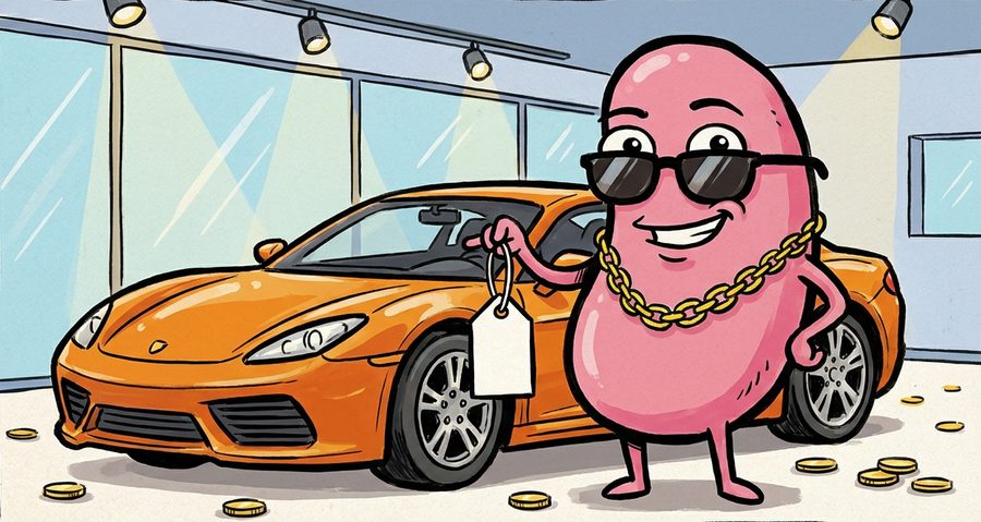 The $KIDNEY mascot holding up a blank price tag next to a supercar