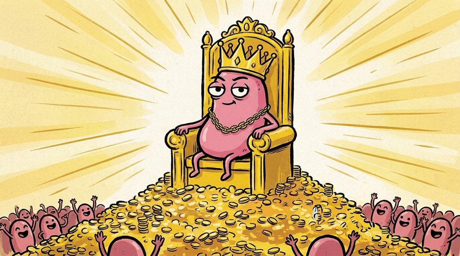 The $KIDNEY mascot crowned on a golden throne atop a mountain of coins